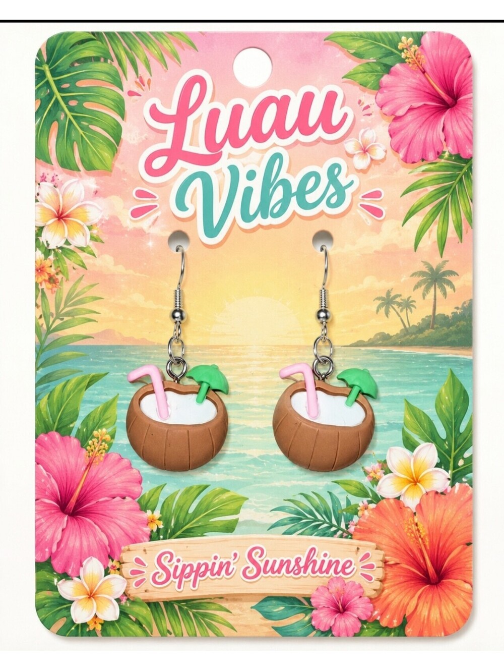 Kawaii Aloha Luau Beach Party Piña Coloda Coconut Hypoallergenic Drop Earrings